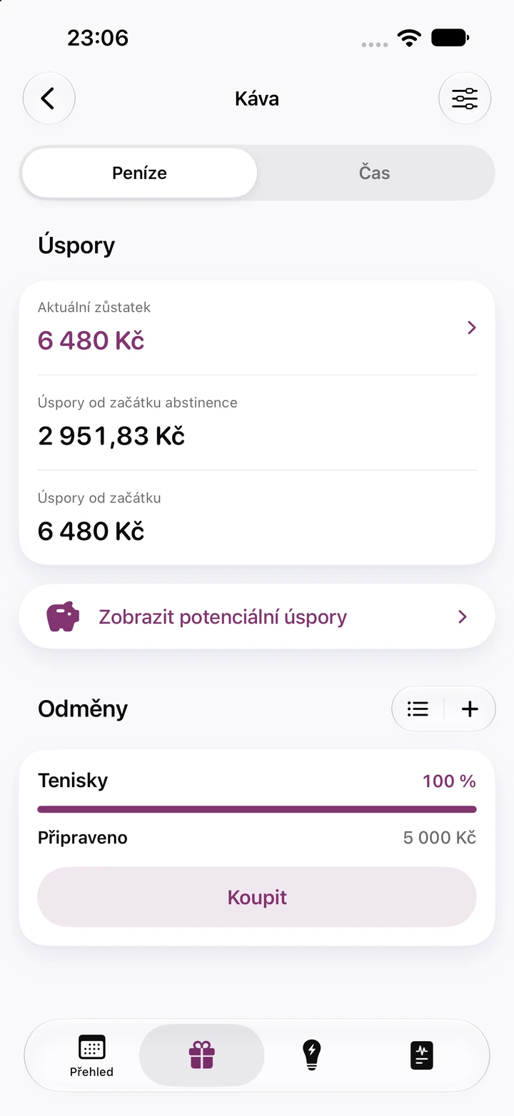 Úspory u kávy: aktuální zůstatek 6 480 Kč, od začátku abstinence ušetřeno 2 951,83 Kč a odměna Tenisky za 5 000 Kč připravená ke koupi