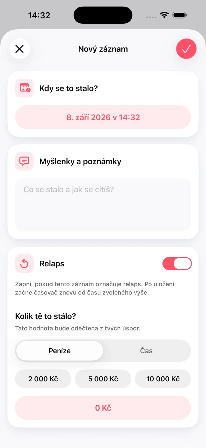 Nový záznam v deníku s poznámkami, zapnutým přepínačem relapsu a utracenou částkou
