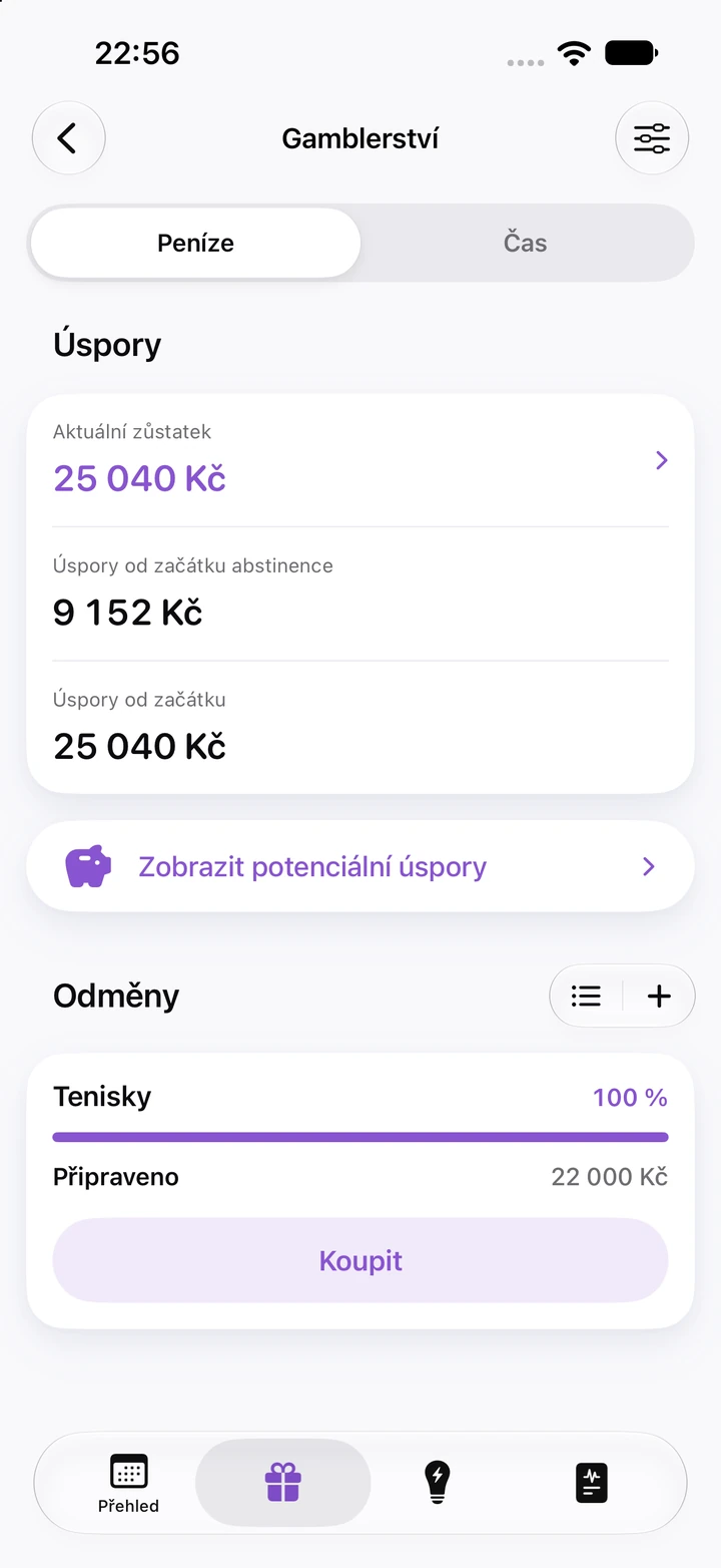 Úspory u gamblerství: aktuální zůstatek 25 040 Kč, od začátku abstinence ušetřeno 9 152 Kč a odměna Tenisky připravená ke koupi