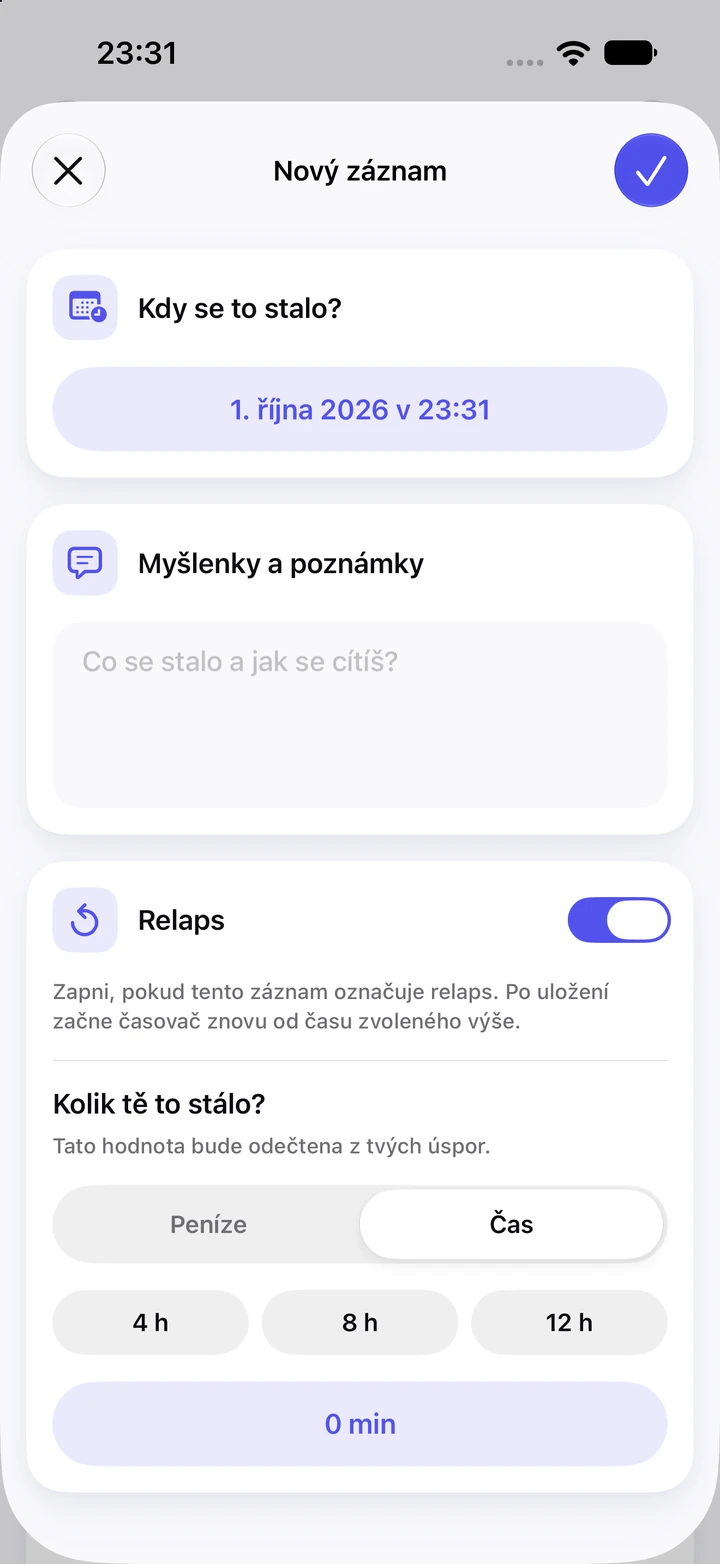 Nový záznam v deníku se zapnutým přepínačem Relaps, prázdným polem Myšlenky a poznámky a výběrem stráveného času 4, 8 a 12 hodin