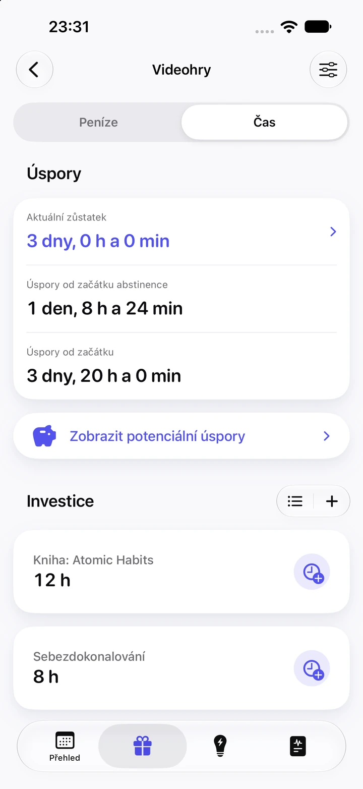 Záložka Čas u videoher: aktuální zůstatek 3 dny, od začátku abstinence ušetřen 1 den, 8 h a 24 min a investováno 12 hodin do knihy a 8 hodin do sebezdokonalování