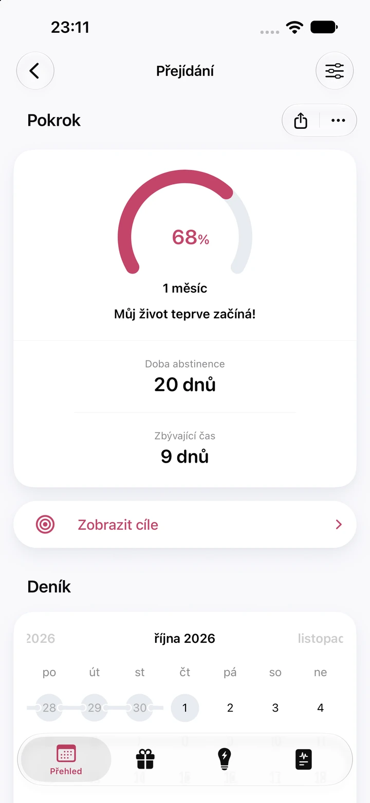 Obrazovka pokroku v aplikaci Quitzilla: Přejídání