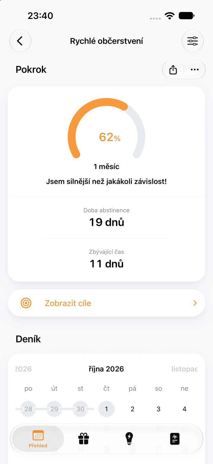 Obrazovka pokroku v aplikaci Quitzilla: Rychlé občerstvení