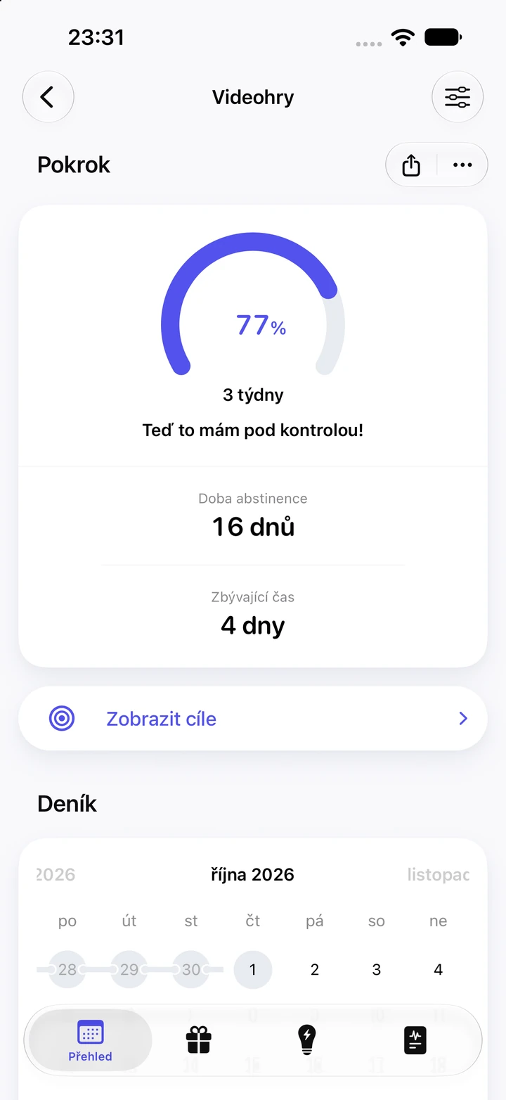 Obrazovka pokroku v aplikaci Quitzilla: Videohry