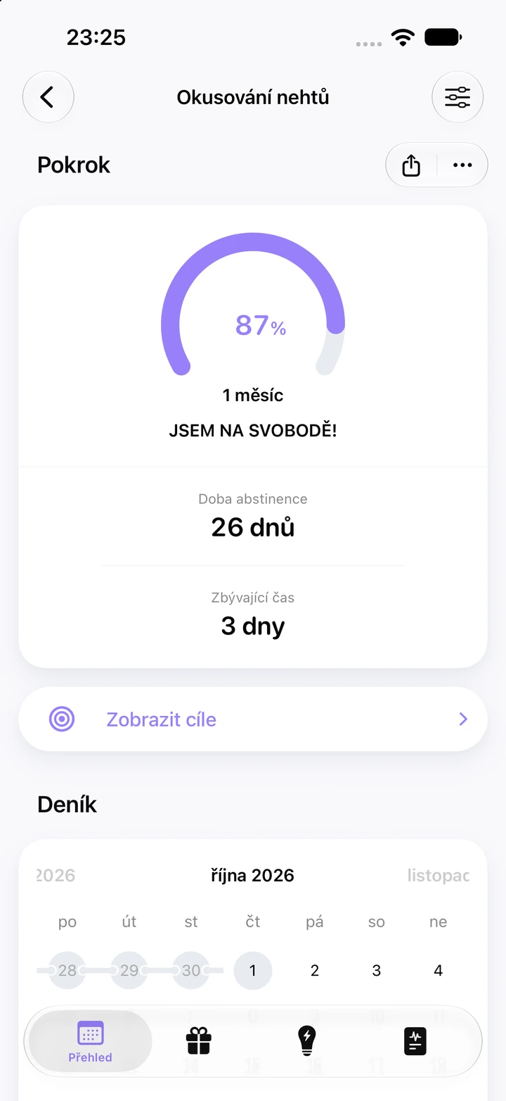Obrazovka pokroku u okusování nehtů: 87 % z cíle 1 měsíc, 26 dnů abstinence a zbývají 3 dny, pod tím kalendář deníku