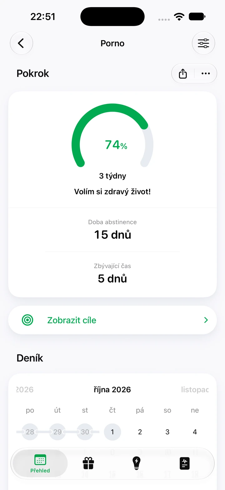 Obrazovka pokroku u porna: 15 dnů abstinence a 74 % z cíle 3 týdny, pod tím kalendář s řetězem čistých dnů