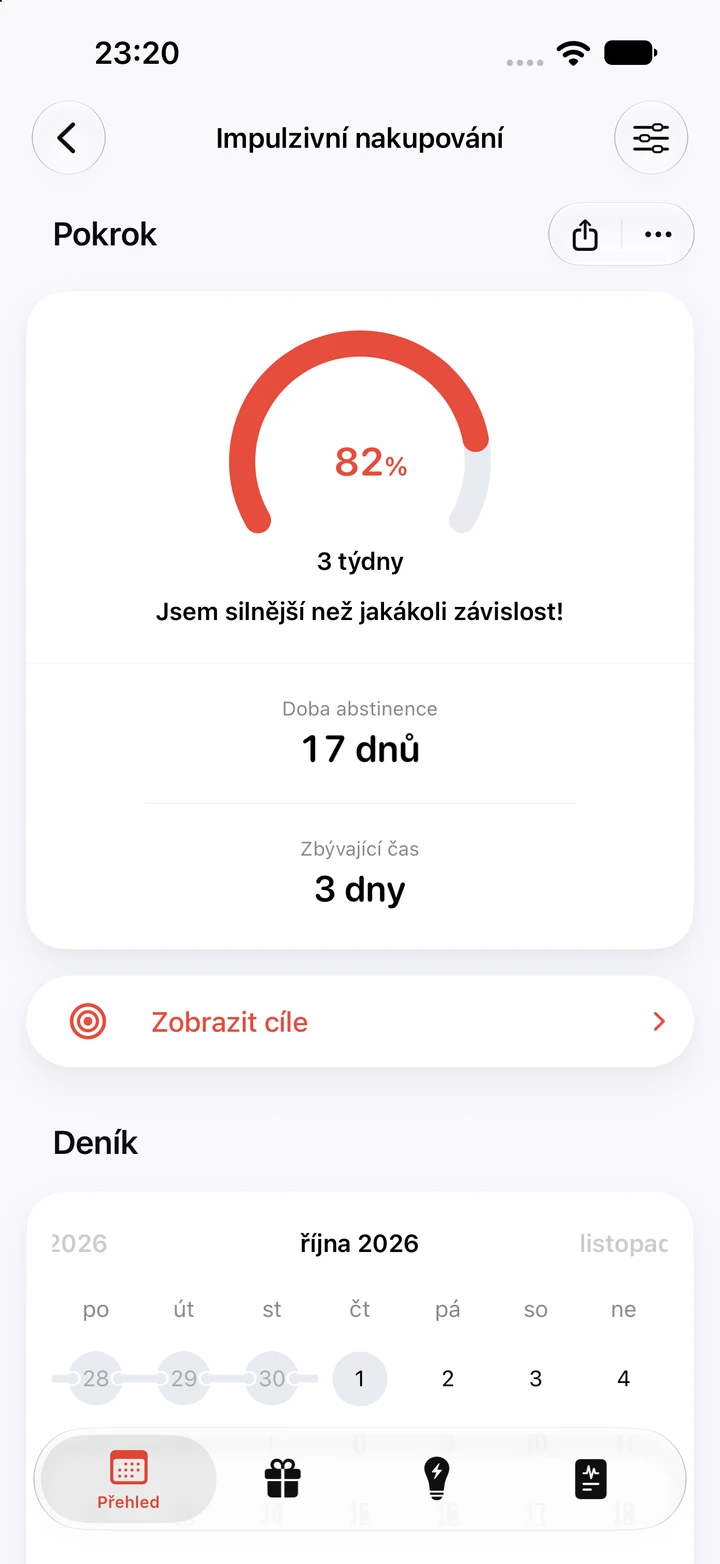 Obrazovka pokroku u impulzivního nakupování: kruh pokroku na 82 % z cíle 3 týdny, 17 dnů abstinence a zbývají 3 dny, pod tím kalendář deníku