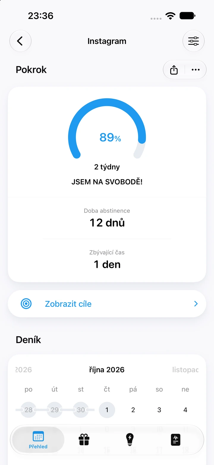 Obrazovka pokroku v aplikaci Quitzilla: Sociální sítě