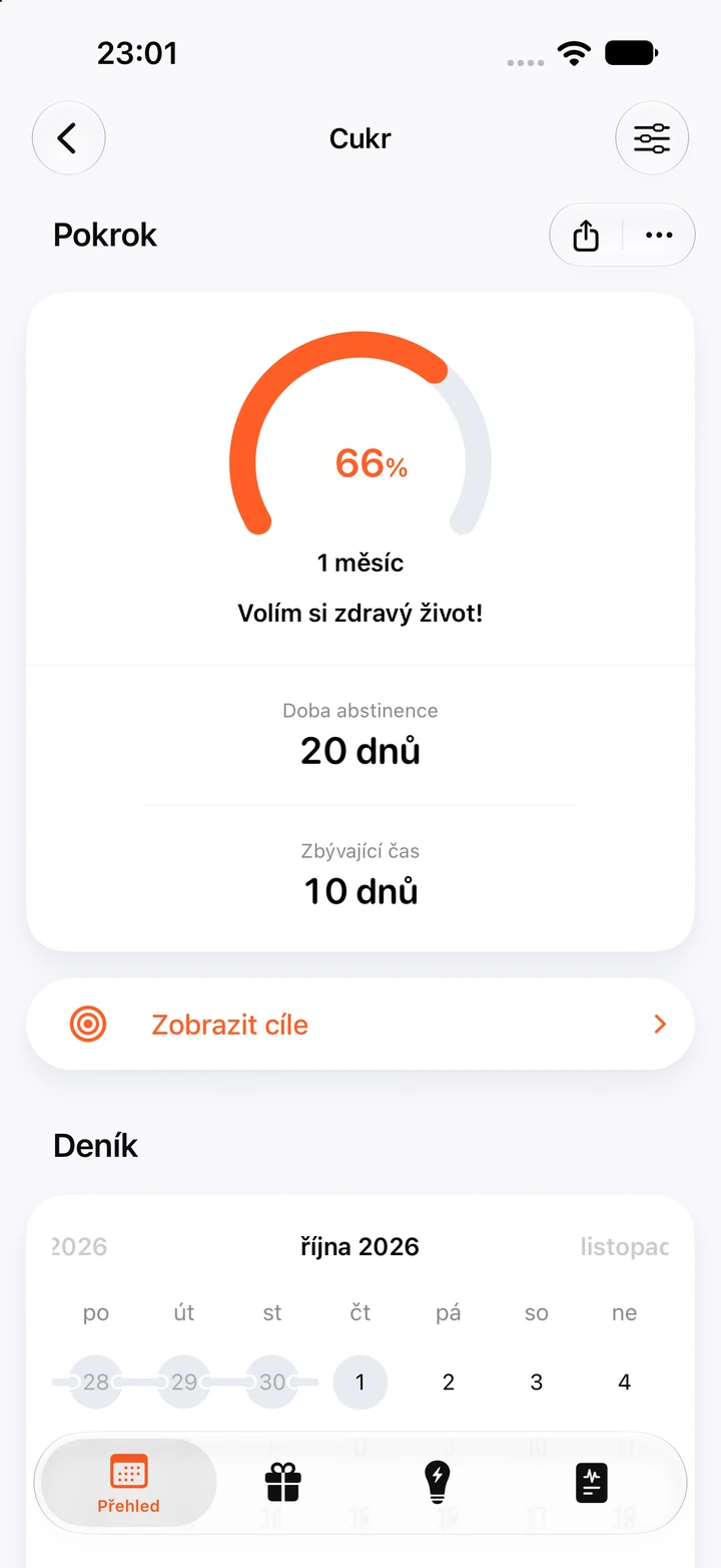 Obrazovka pokroku v aplikaci Quitzilla: Cukr