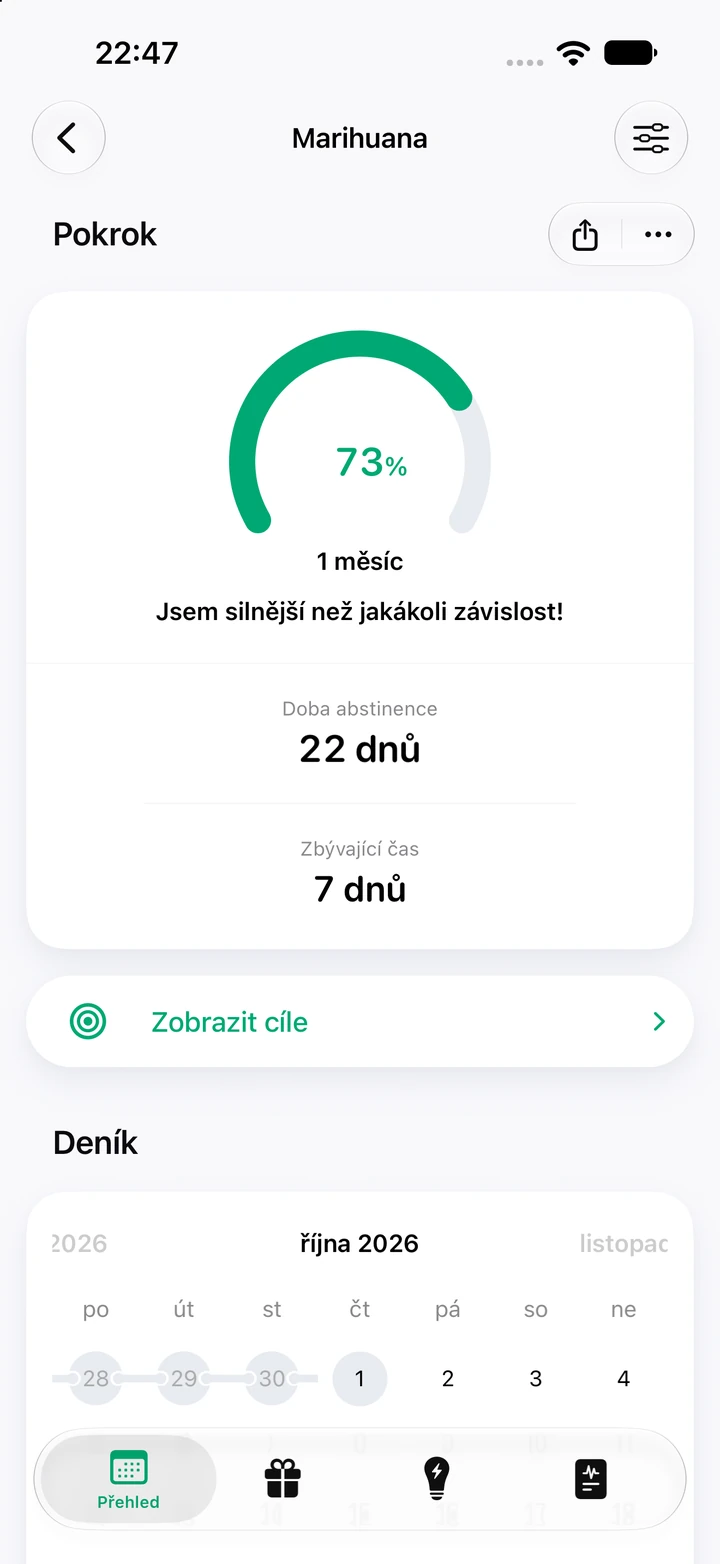 Obrazovka pokroku u marihuany: 22 dnů abstinence a 73 % z cíle 1 měsíc, zbývá 7 dnů