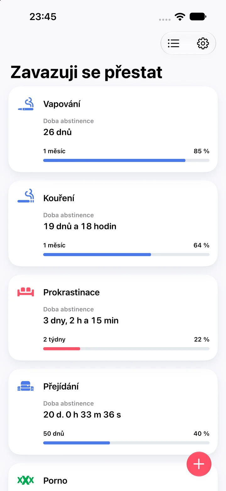 Domovská obrazovka Quitzilla se seznamem Zavazuji se přestat: vapování 26 dnů a 85 % z cíle 1 měsíc, kouření 19 dnů a 18 hodin, prokrastinace 3 dny a 2 hodiny, přejídání 20 dnů a pod nimi porno