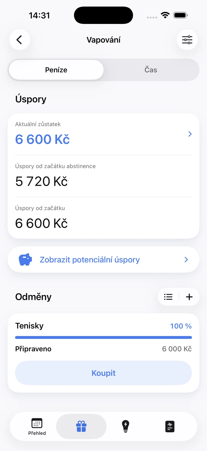 Úspory u vapování: zůstatek 6 600 Kč a odměna Tenisky připravená ke koupi