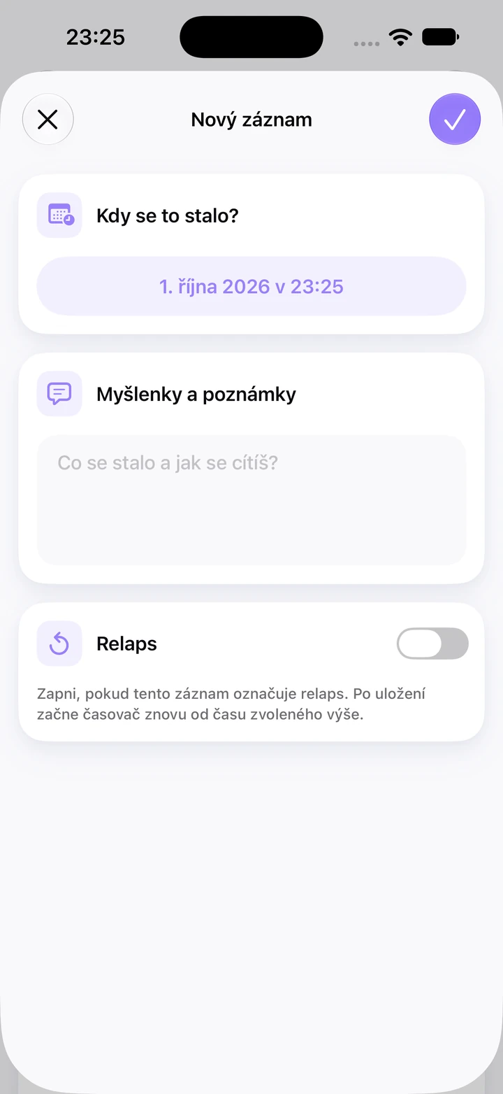 Nový záznam v deníku u okusování nehtů z 1. října 2026 v 23:25 s prázdným polem Myšlenky a poznámky a vypnutým přepínačem Relaps