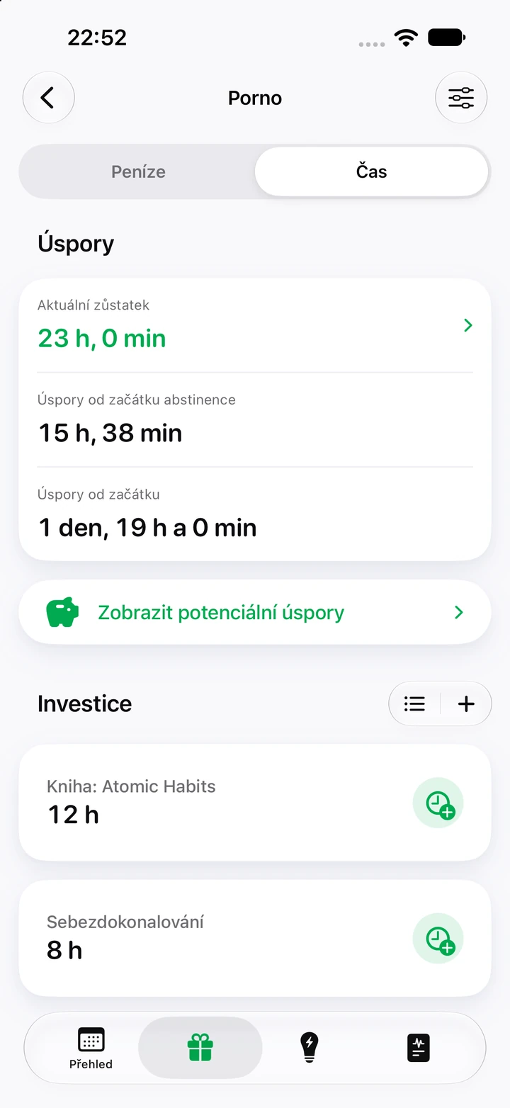 Záložka Čas u porna: zůstatek 23 hodin, od začátku abstinence ušetřeno 15 h a 38 min a hodiny investované do knihy a sebezdokonalování