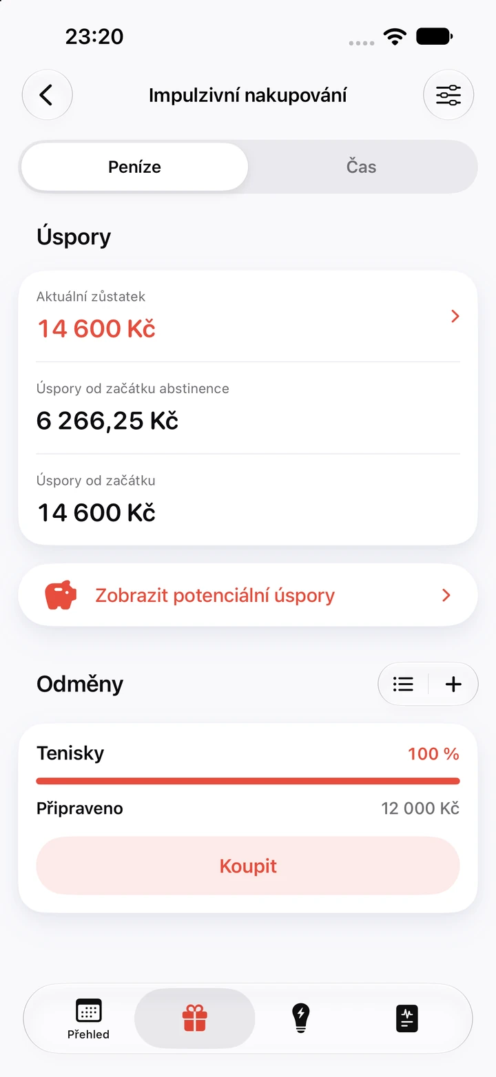 Úspory u impulzivního nakupování: aktuální zůstatek 14 600 Kč, od začátku abstinence 6 266,25 Kč a odměna Tenisky za 12 000 Kč naplněná na 100 % s tlačítkem Koupit