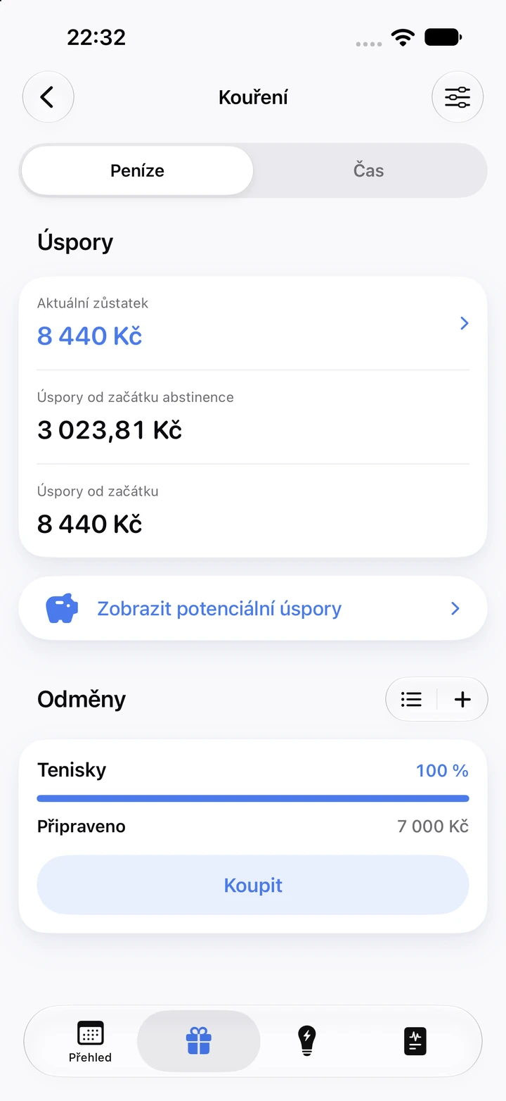 Úspory za kouření: zůstatek 8 440 Kč a odměna Tenisky připravená ke koupi