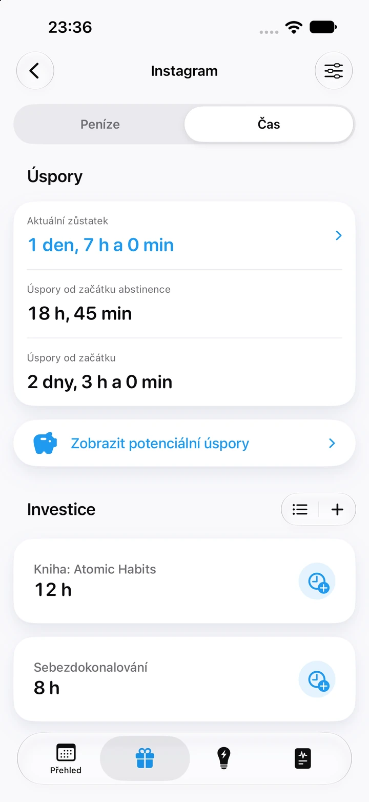 Záložka Čas u Instagramu: aktuální zůstatek 1 den a 7 hodin; od začátku abstinence ušetřeno 18 h a 45 min; od začátku 2 dny a 3 hodiny; investice 12 hodin do knihy a 8 hodin do sebezdokonalování