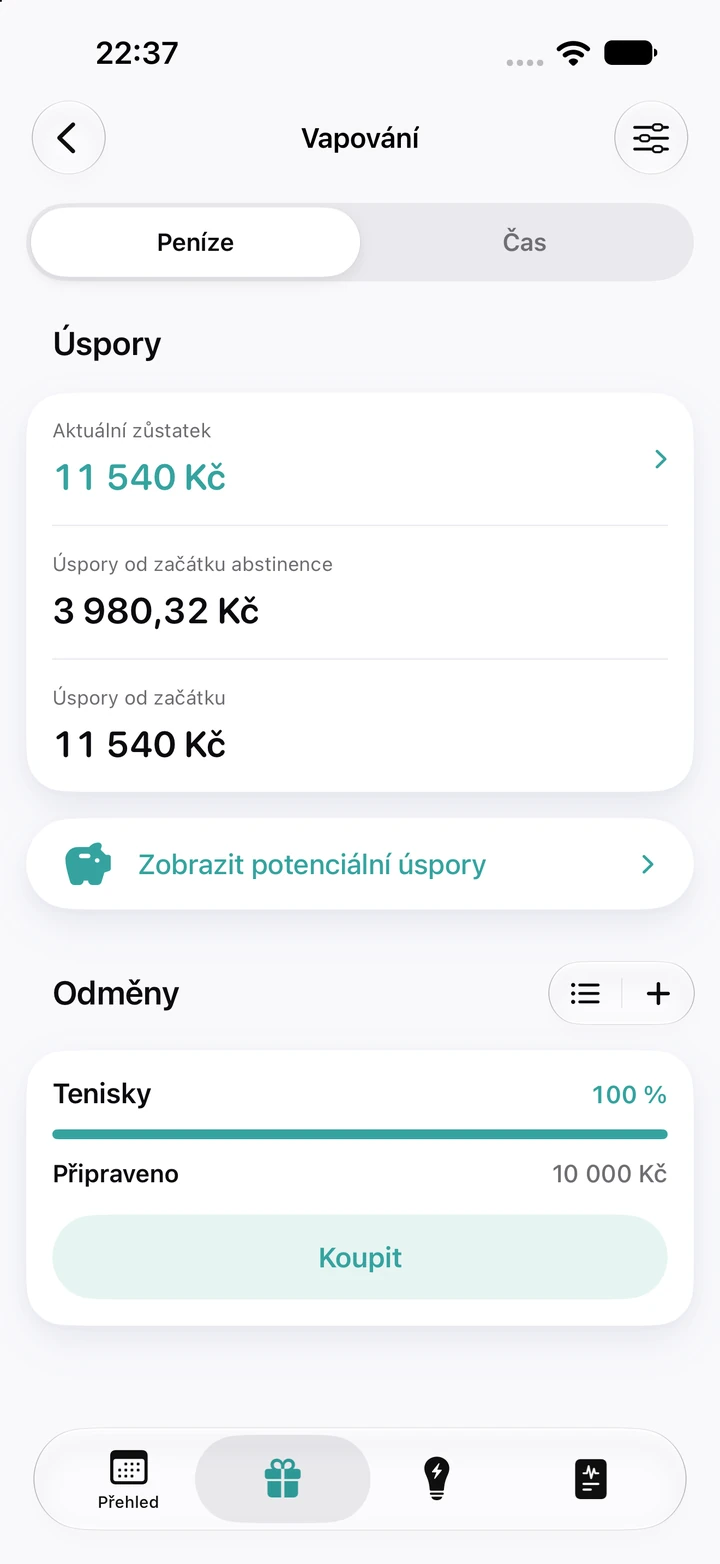 Záložka Peníze u vapování: aktuální zůstatek 11 540 Kč, od začátku abstinence ušetřeno 3 980,32 Kč a odměna Tenisky za 10 000 Kč na 100 %, připravená ke koupi