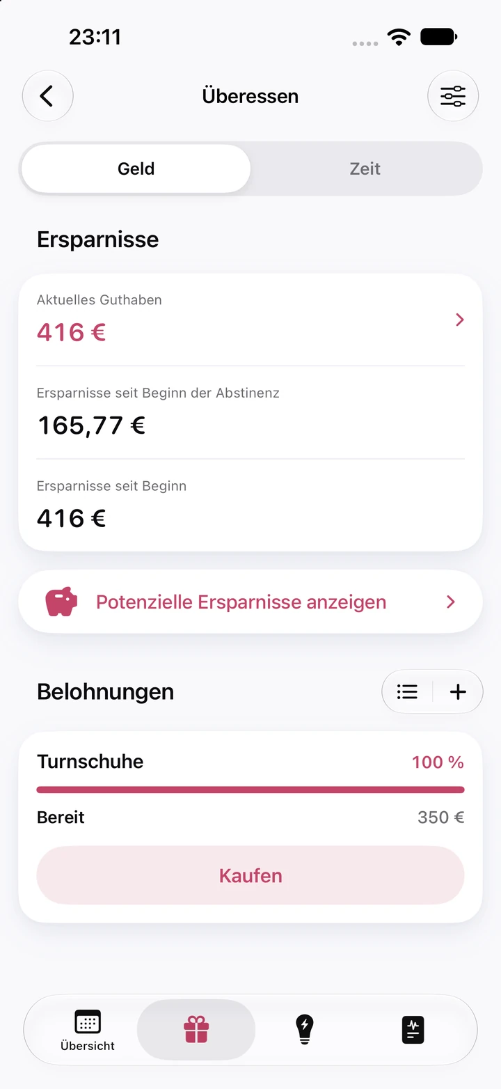 Ersparnisse für Überessen: 416 € aktuelles Guthaben, 165,77 € seit Beginn der Abstinenz gespart und die Belohnung „Turnschuhe“ für 350 € bei 100 %, bereit zum Kauf
