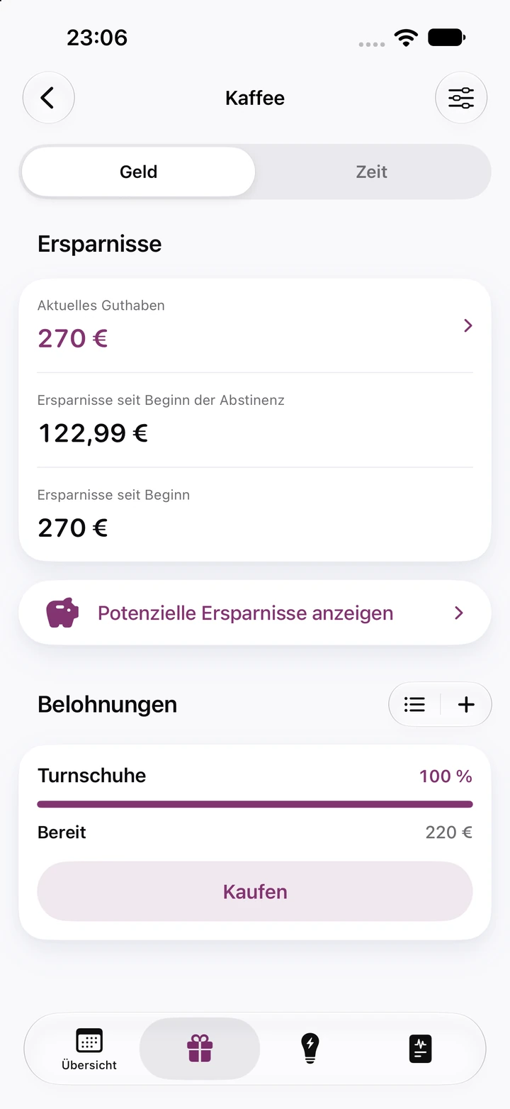 Ersparnisse beim Kaffee: 270 € aktuelles Guthaben, 122,99 € seit Beginn der Abstinenz gespart und die Belohnung „Turnschuhe“ für 220 €, bereit zum Kauf