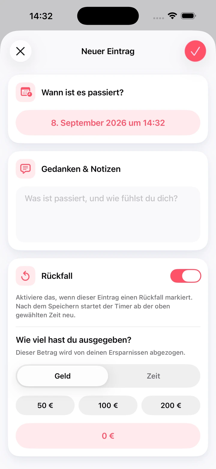 Neuer Tagebucheintrag mit Notizen, Rückfall-Schalter und ausgegebenem Betrag