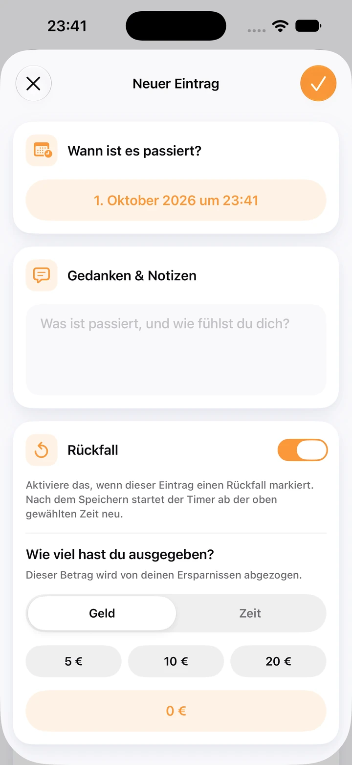 Neuer Tagebucheintrag: leeres Feld „Gedanken & Notizen“, eingeschalteter Schalter „Rückfall“ und Schaltflächen für 5 €, 10 € und 20 € als ausgegebenen Betrag