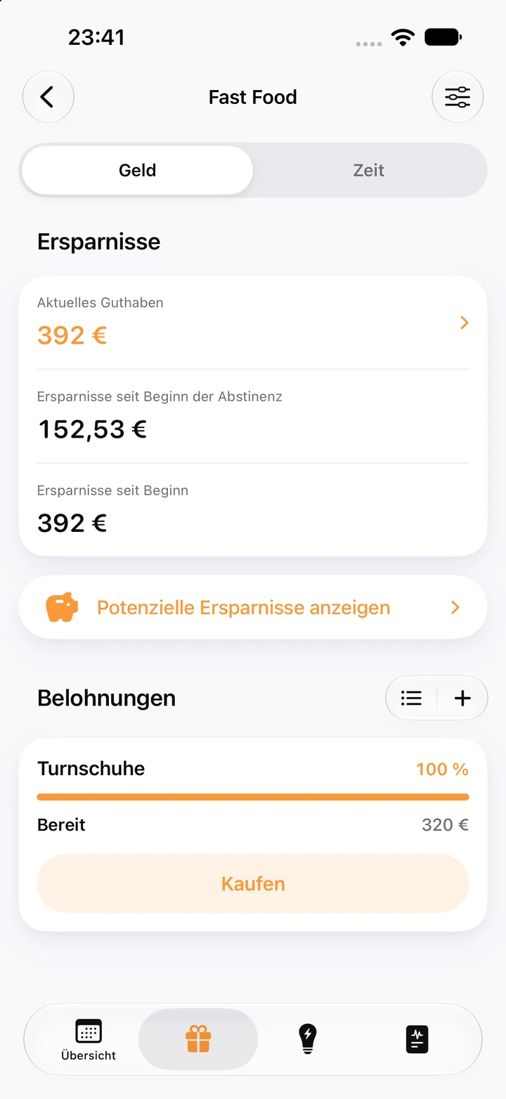 Ersparnisse für Fast Food: 392 € aktuelles Guthaben, 152,53 € seit Beginn der Abstinenz gespart und die Belohnung „Turnschuhe“ für 320 € bei 100 %, bereit zum Kauf