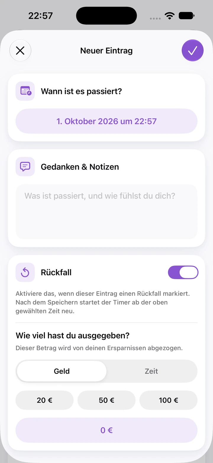 Neuer Tagebucheintrag mit eingeschaltetem Rückfall-Schalter und einem Feld für ausgegebenes Geld mit den Optionen 20 €, 50 € und 100 €