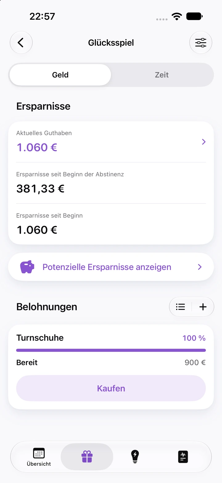 Ersparnisse beim Glücksspiel: 1.060 € aktuelles Guthaben, 381,33 € seit Beginn der Abstinenz gespart und die Belohnung „Turnschuhe“, bereit zum Kauf