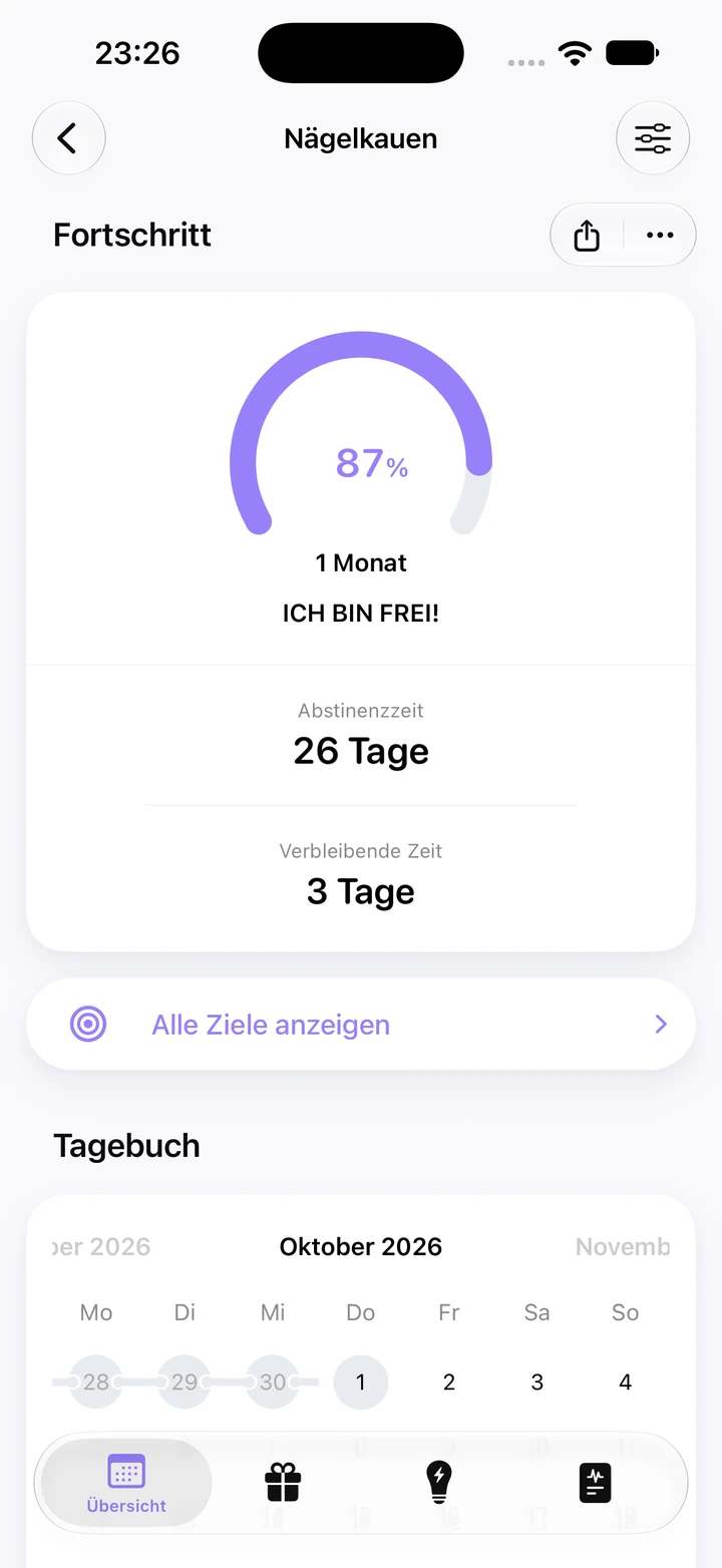 Fortschrittsansicht für Nägelkauen: 87 % des Monatsziels, 26 Tage Abstinenzzeit und noch 3 Tage, darunter der Tagebuchkalender