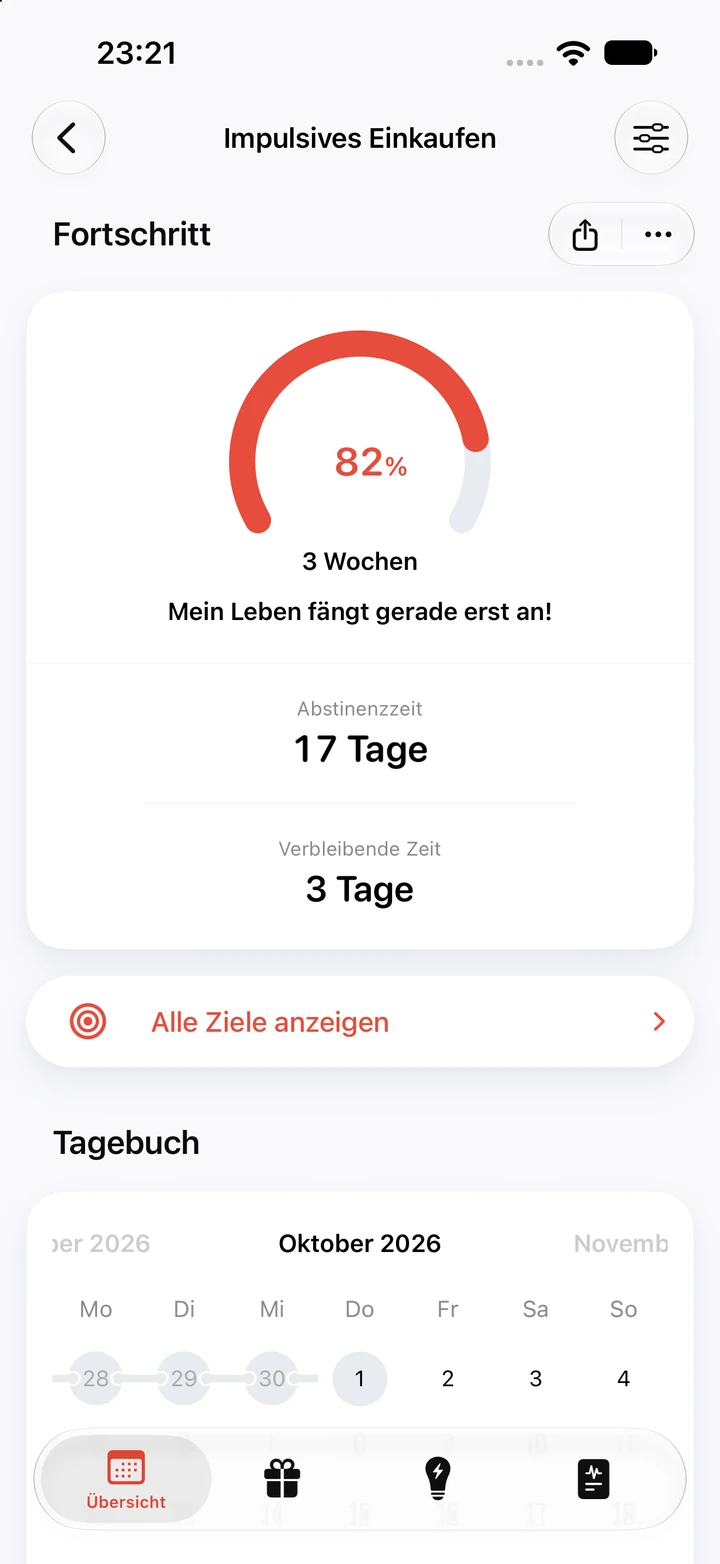 Fortschrittsansicht für „Impulsives Einkaufen“: 82 % des Ziels von 3 Wochen im Fortschrittsring, 17 Tage Abstinenz und noch 3 Tage, darunter der Tagebuchkalender