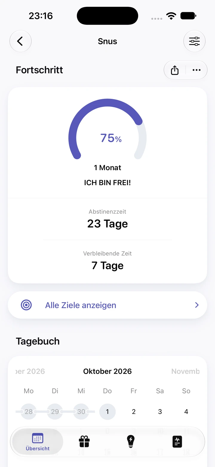 Fortschrittsansicht für Snus: 75 % des Monatsziels, 23 Tage Abstinenzzeit, noch 7 Tage und eine Kette freier Tage im Tagebuchkalender