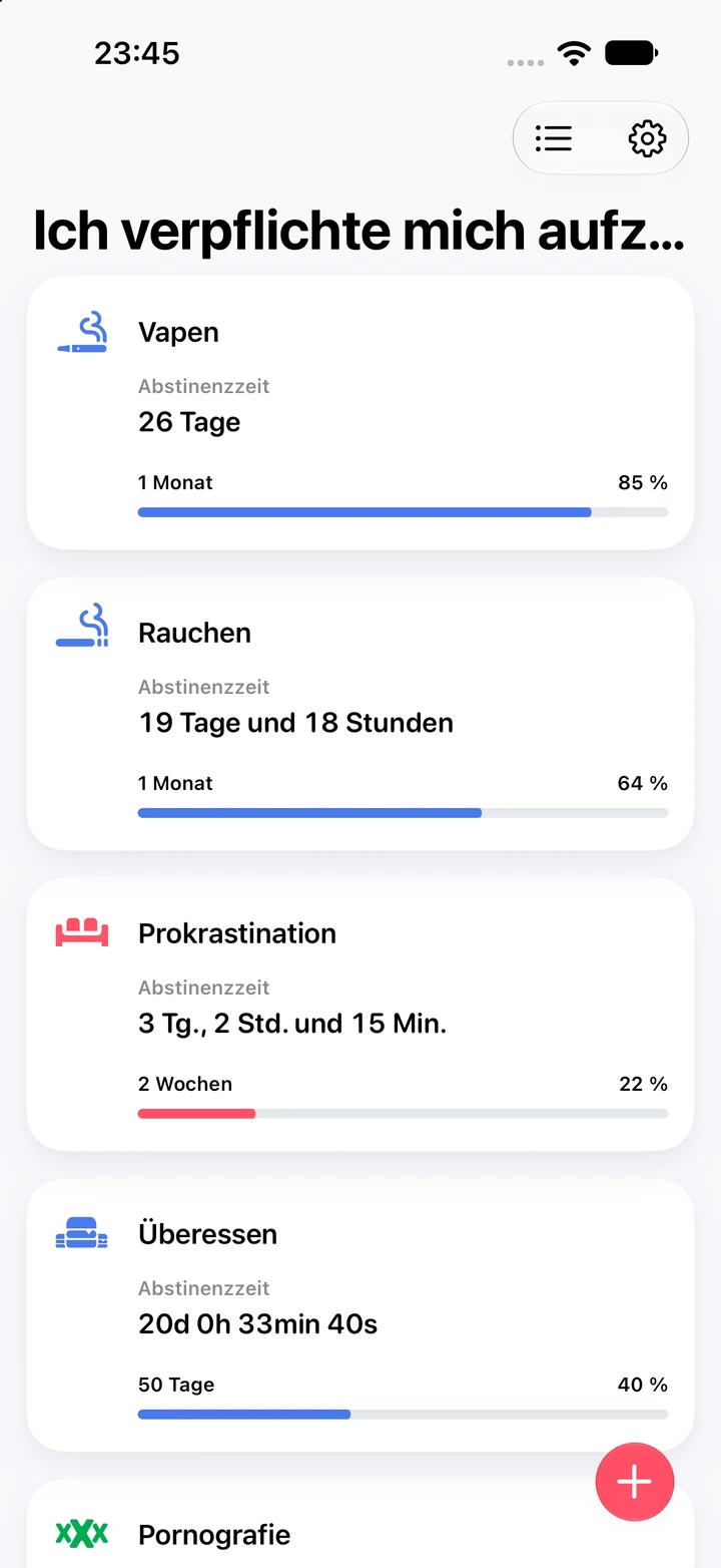 Hauptbildschirm von Quitzilla mit Abstinenz-Timern für Vapen, Rauchen, Prokrastination, Überessen und Pornografie