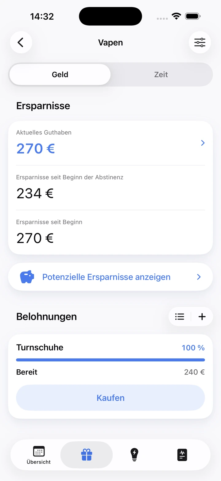 Ersparnisse beim Vapen: 270 € Guthaben und eine Belohnung, die zum Kauf bereitsteht