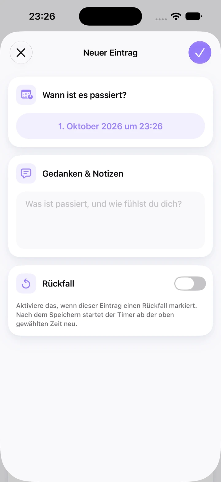 Neuer Tagebucheintrag für Nägelkauen vom 1. Oktober 2026 um 23:26 mit leerem Feld „Gedanken & Notizen“ und ausgeschaltetem Schalter „Rückfall“