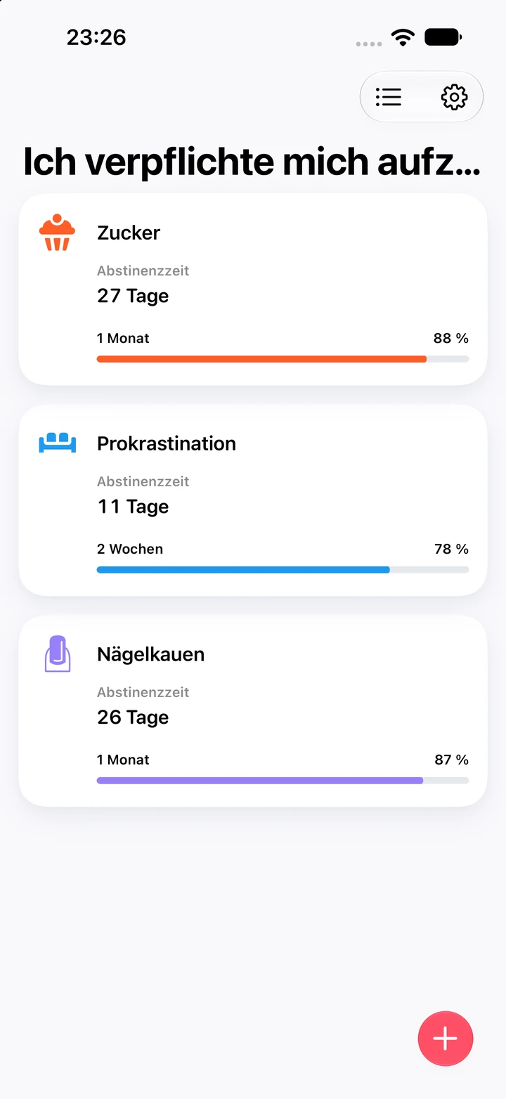 Gewohnheitsliste von Quitzilla mit der Überschrift „Ich verpflichte mich aufzuhören“: Nägelkauen bei 26 Tagen und 87 % des Monatsziels, darüber Zucker mit 27 Tagen und Prokrastination mit 11 Tagen
