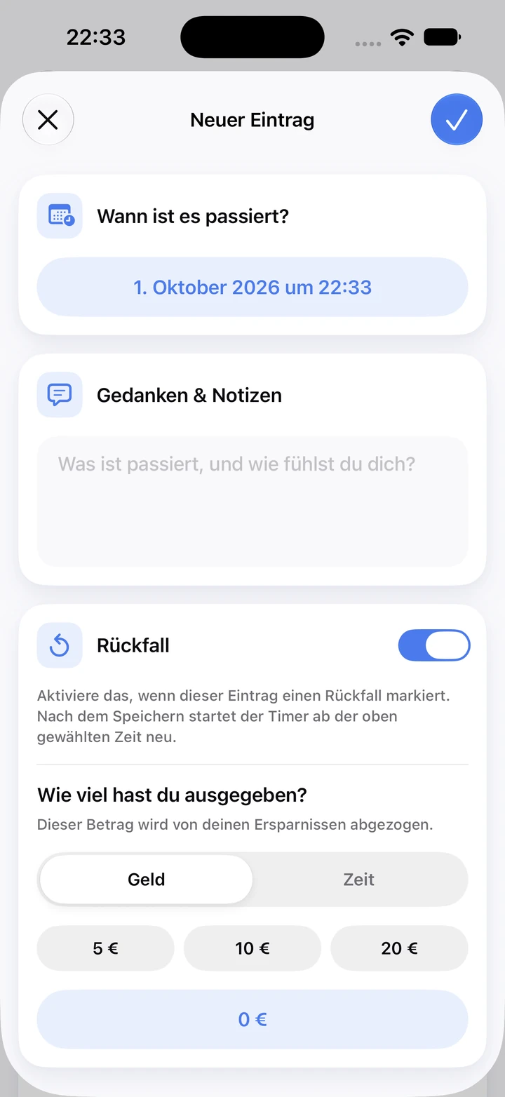 Neuer Tagebucheintrag fürs Rauchen mit Notizfeld, eingeschaltetem Rückfall-Schalter und Beträgen von 5, 10 und 20 € für ausgegebenes Geld