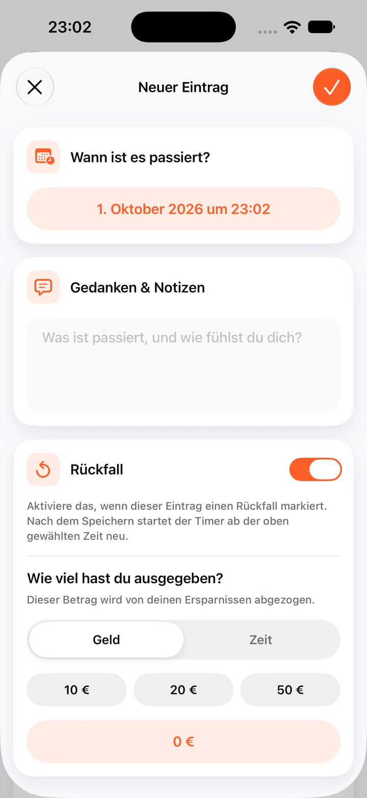 Neuer Tagebucheintrag mit Datum, leerem Notizfeld, eingeschaltetem Rückfall-Schalter und Schnellbeträgen für ausgegebenes Geld