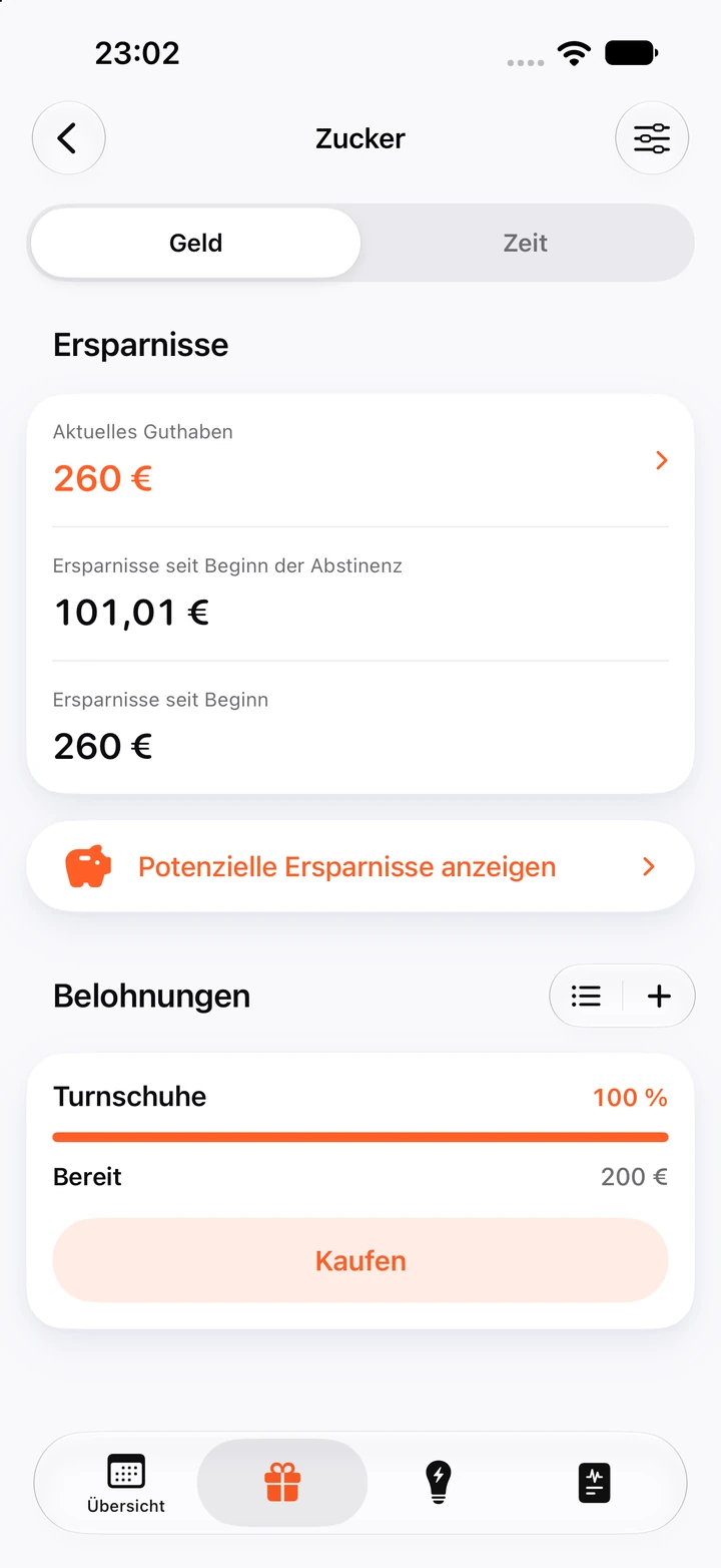 Ersparnisse beim Zucker: 260 € aktuelles Guthaben und die Belohnung „Turnschuhe“ für 200 €, zu 100 % gefüllt und bereit zum Kauf
