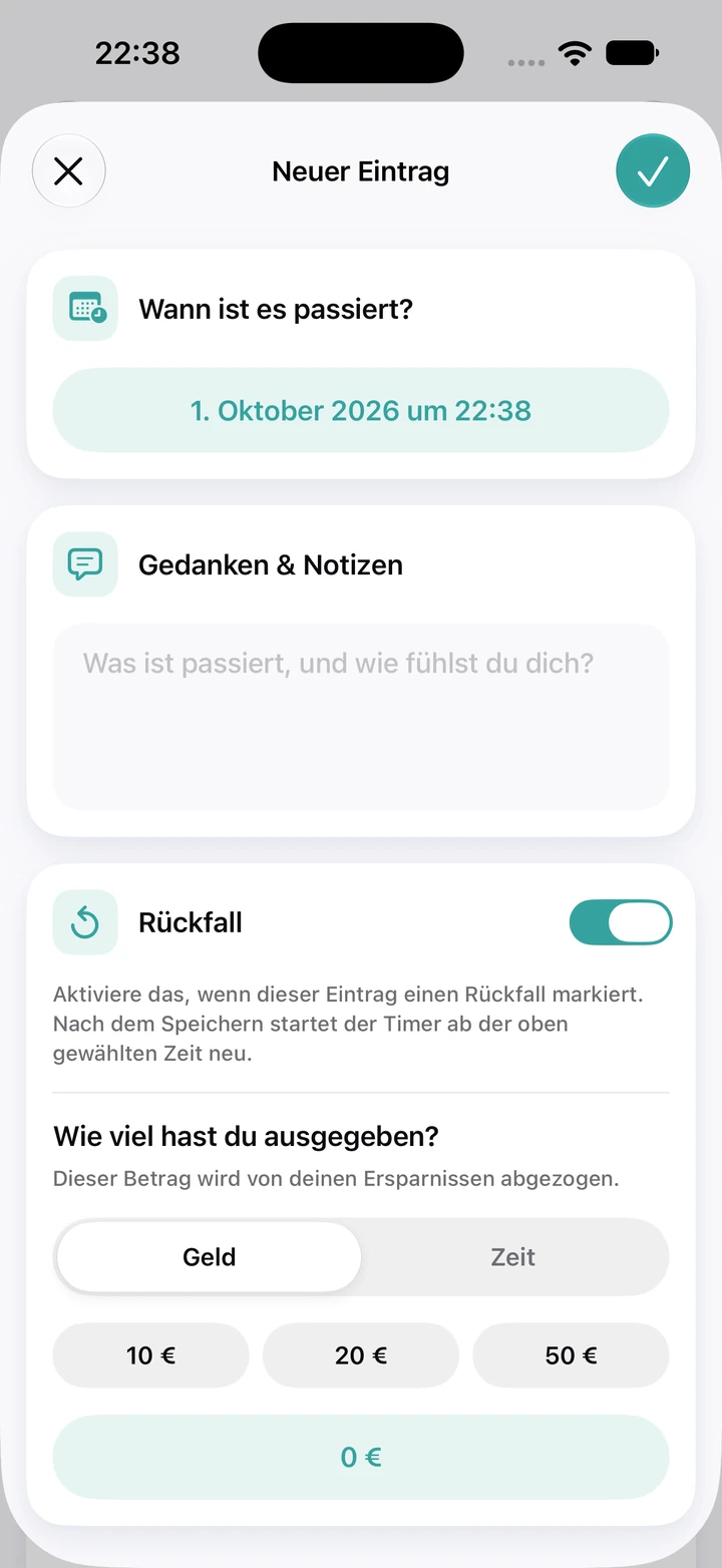 Neuer Tagebucheintrag: Datum und Uhrzeit, leeres Feld „Gedanken & Notizen“, eingeschalteter Schalter „Rückfall“ und ein Feld für den ausgegebenen Betrag