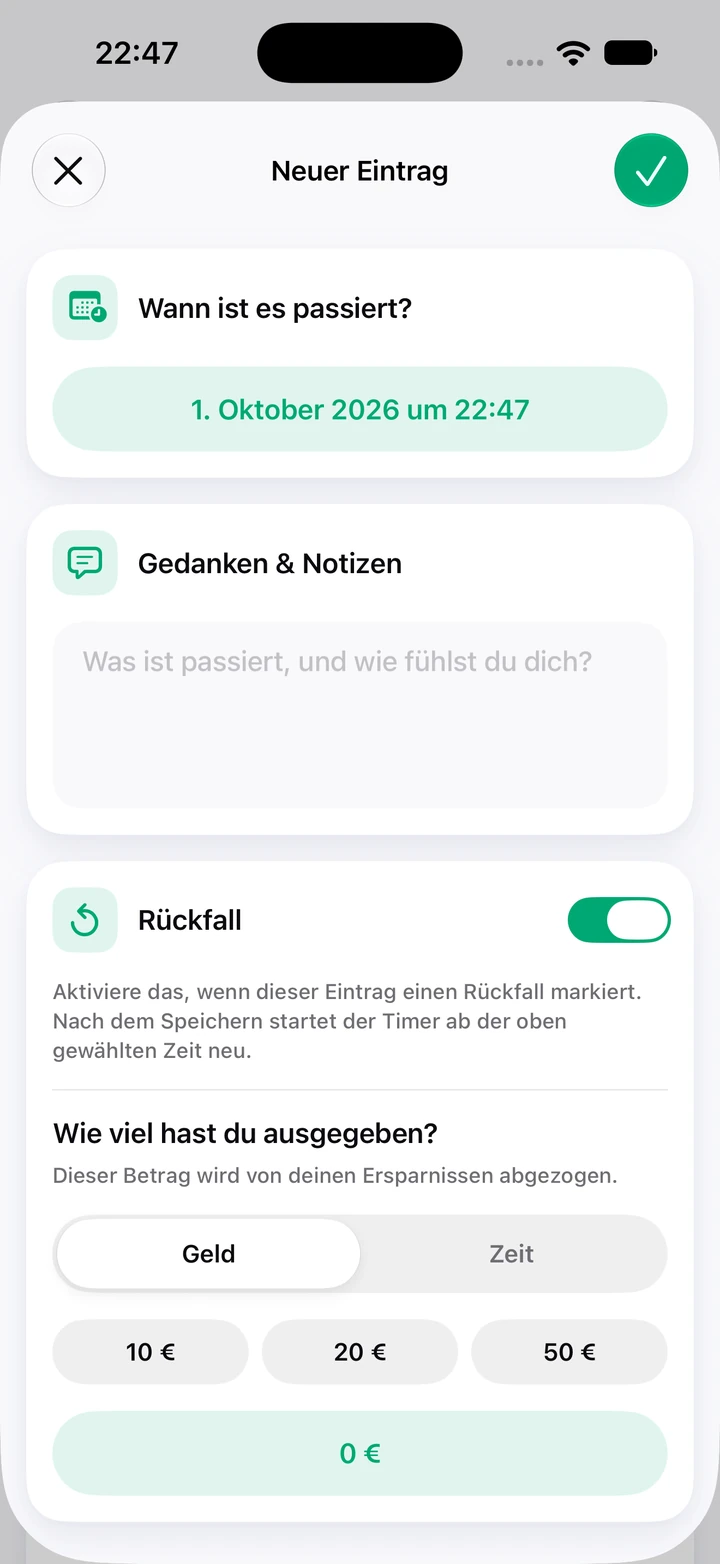 Neuer Tagebucheintrag: Datum und Uhrzeit, Gedanken und Notizen, eingeschalteter Rückfall-Schalter und ein Feld für ausgegebenes Geld