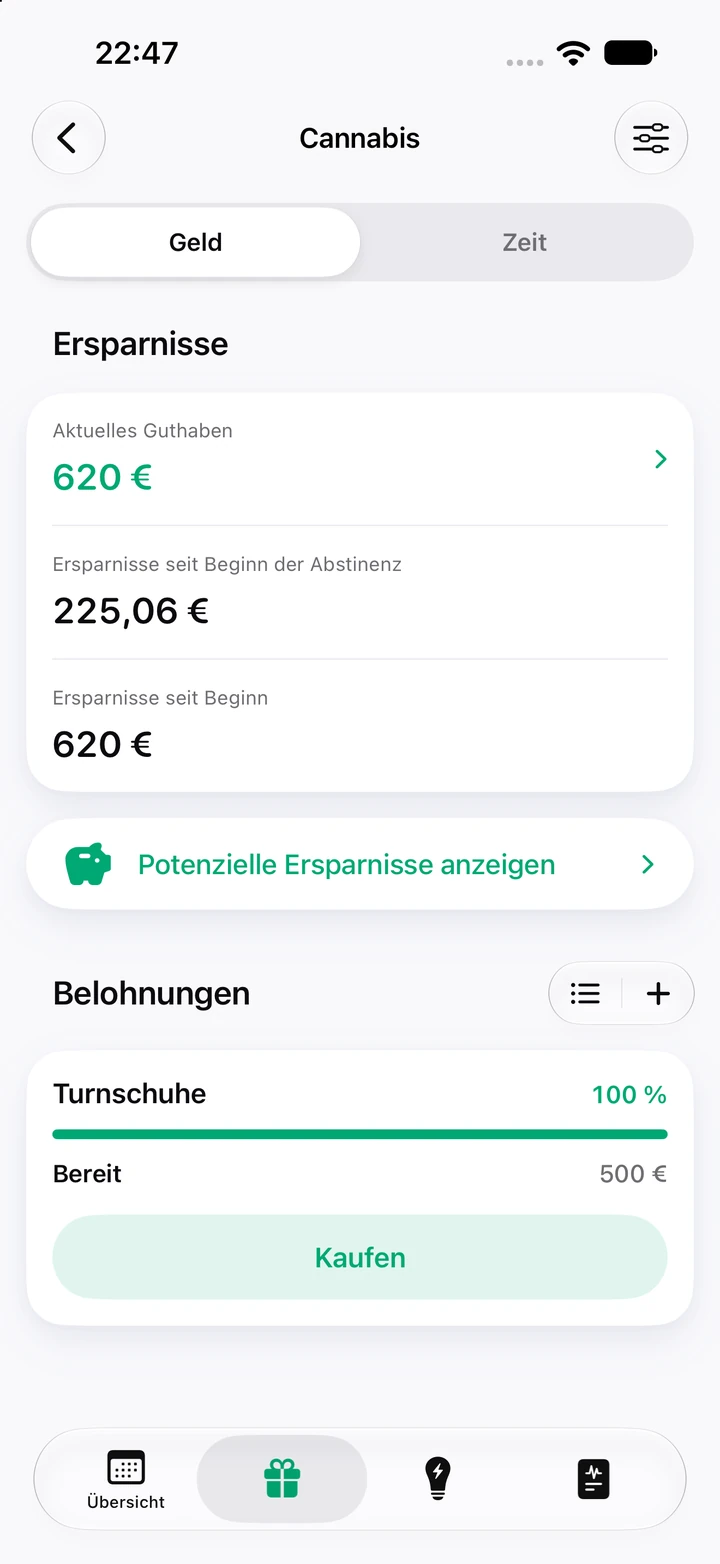Ersparnisse bei Cannabis: 620 € aktuelles Guthaben, 225,06 € seit Beginn der Abstinenz gespart und die Belohnung „Turnschuhe“ für 500 €, bereit zum Kauf