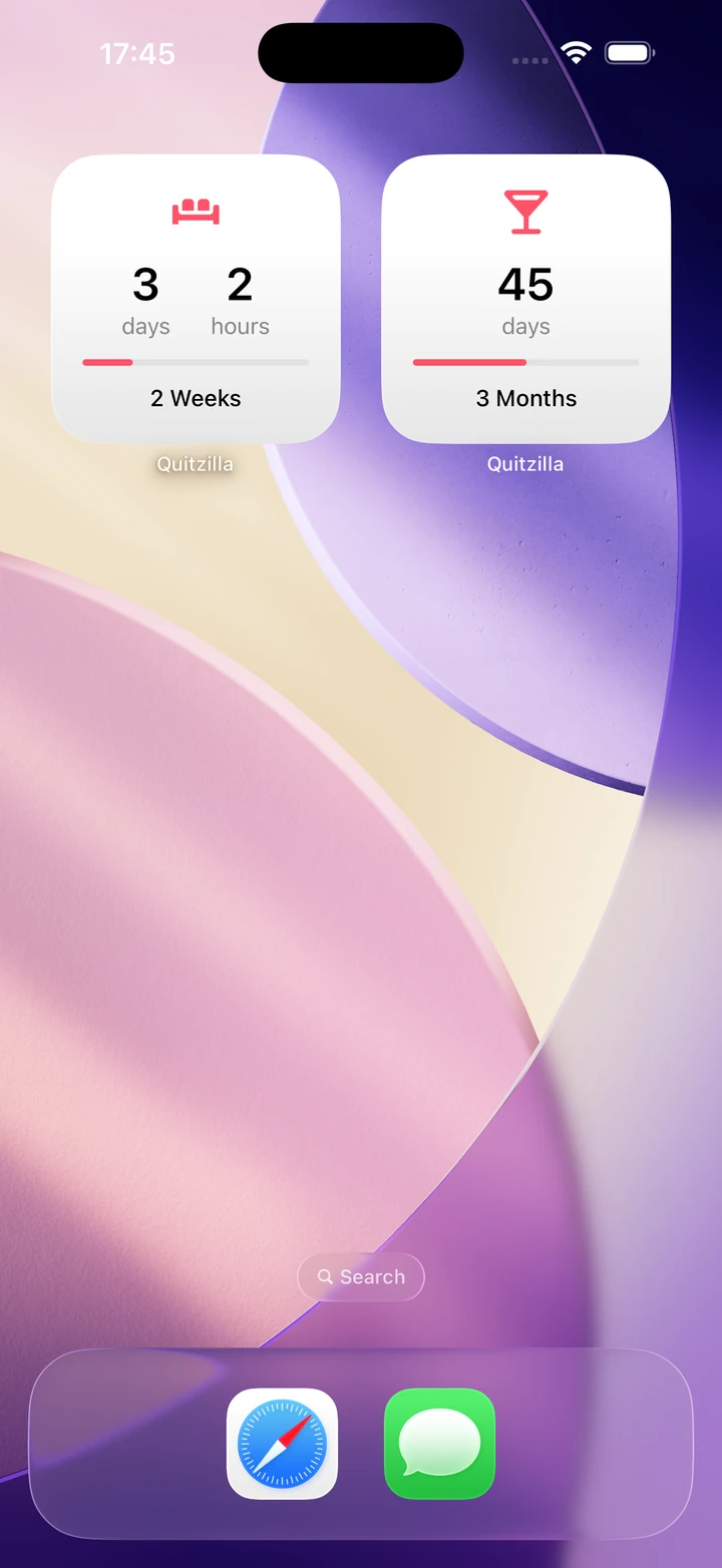 Quitzilla-Widgets mit Abstinenzzählern auf dem Home-Bildschirm eines iPhone