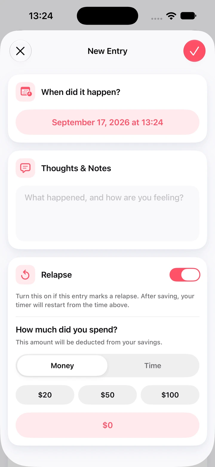 New diary entry marked as a relapse, with a notes field and quick amounts for money spent