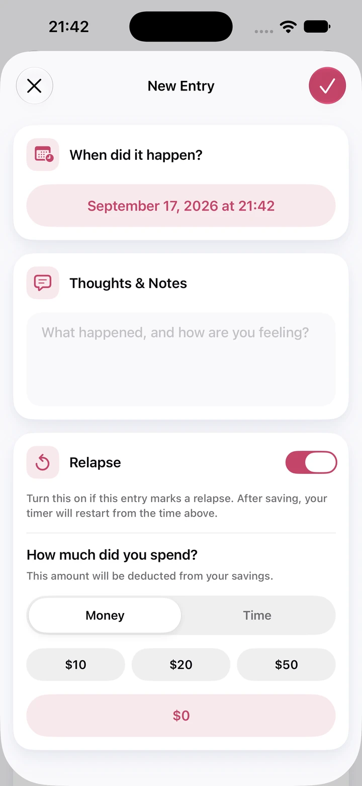 New diary entry: an empty Thoughts & Notes field, the Relapse switch turned on and a money spent field at $0