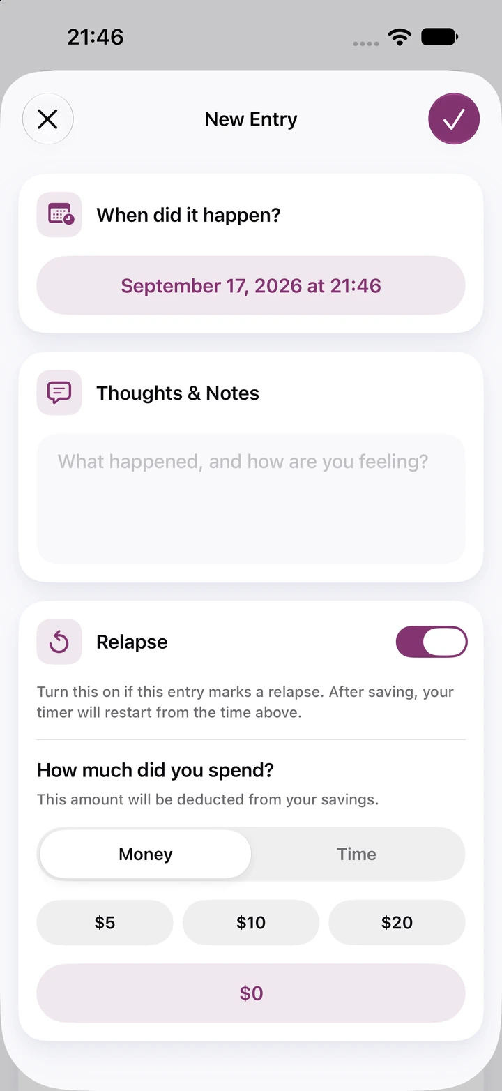 New diary entry with the Relapse switch turned on, an empty Thoughts & Notes field and quick amounts for money spent