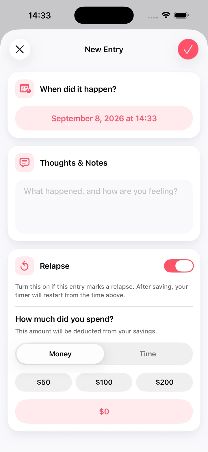 New diary entry with notes, a relapse switch and money spent