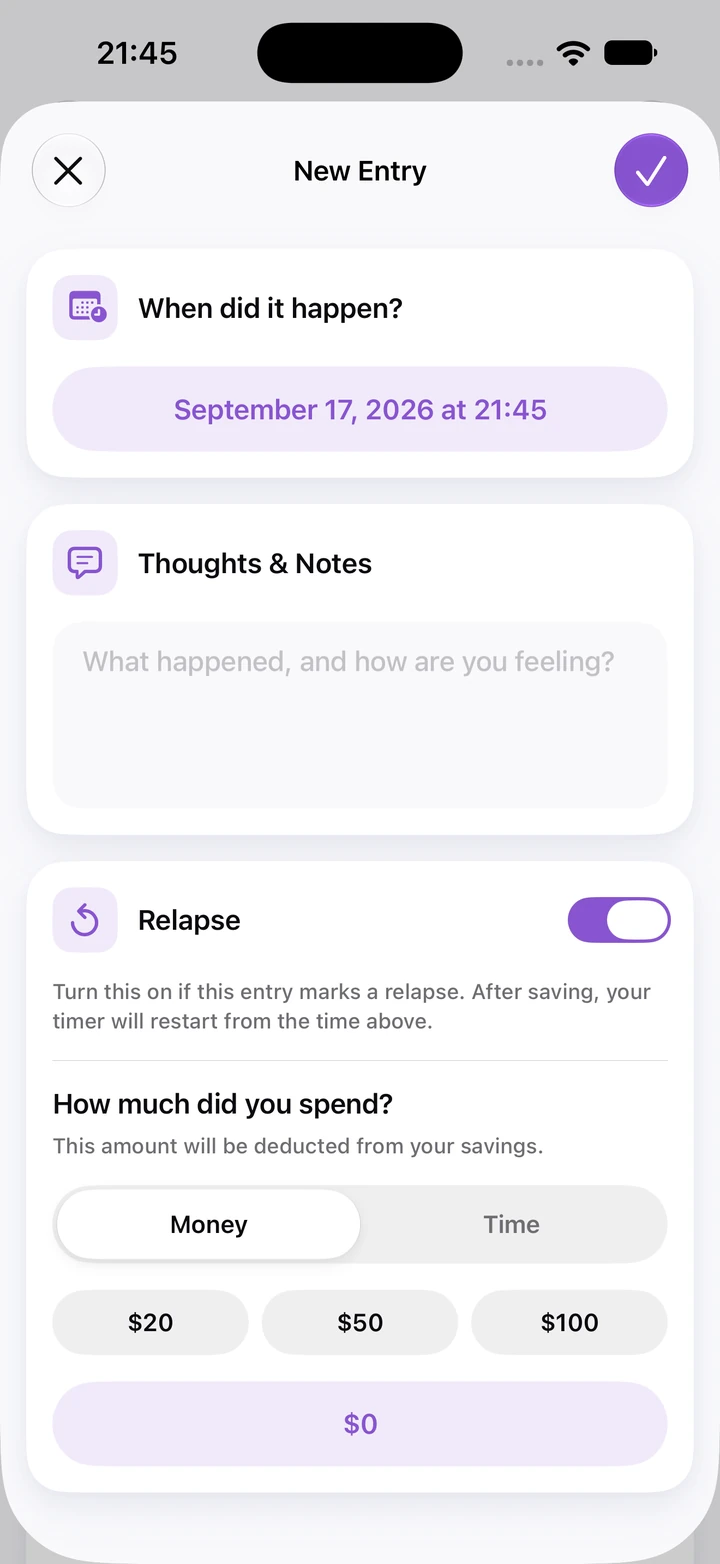 New diary entry with the relapse switch on and a money spent field with $20, $50 and $100 options