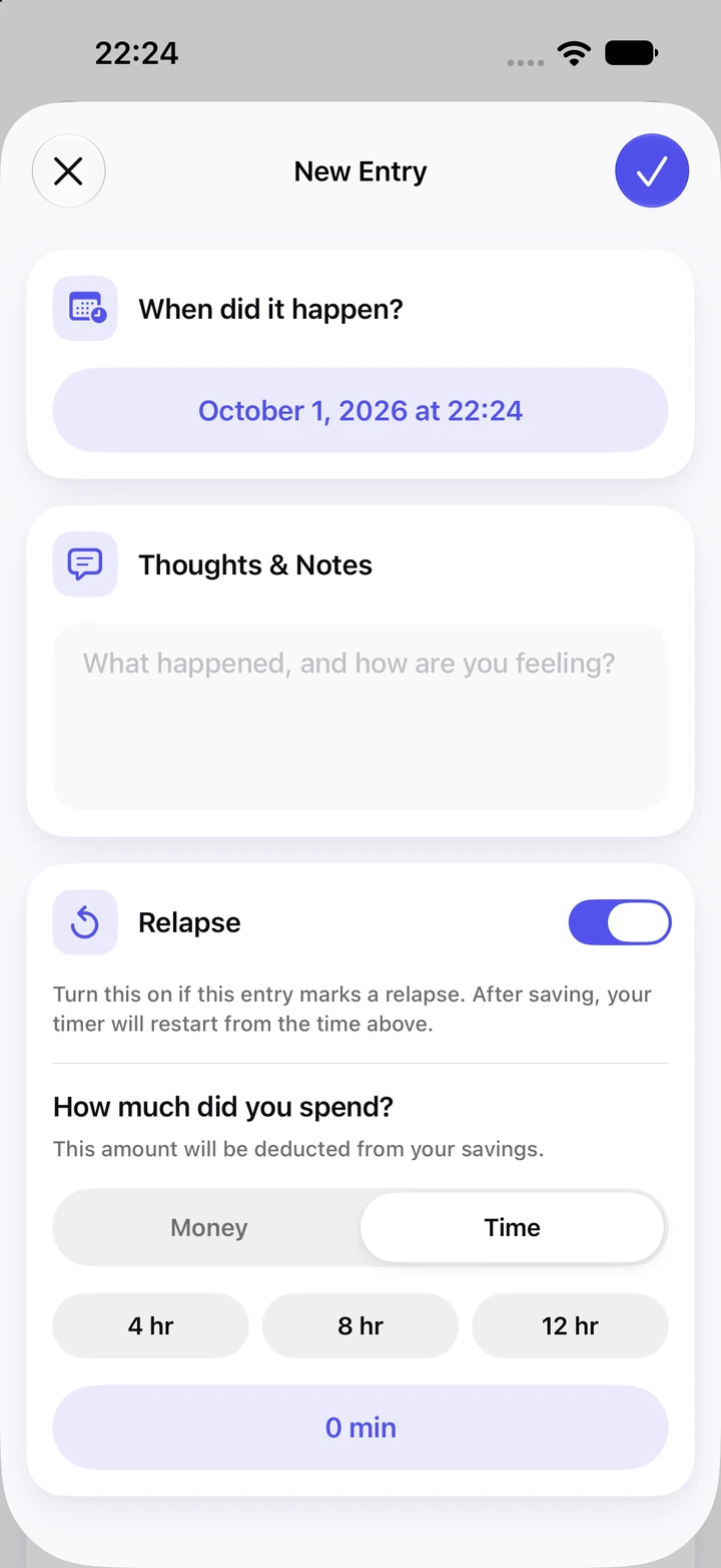 New diary entry with the Relapse switch on, an empty Thoughts & Notes field and a time spent picker with 4, 8 and 12 hour options
