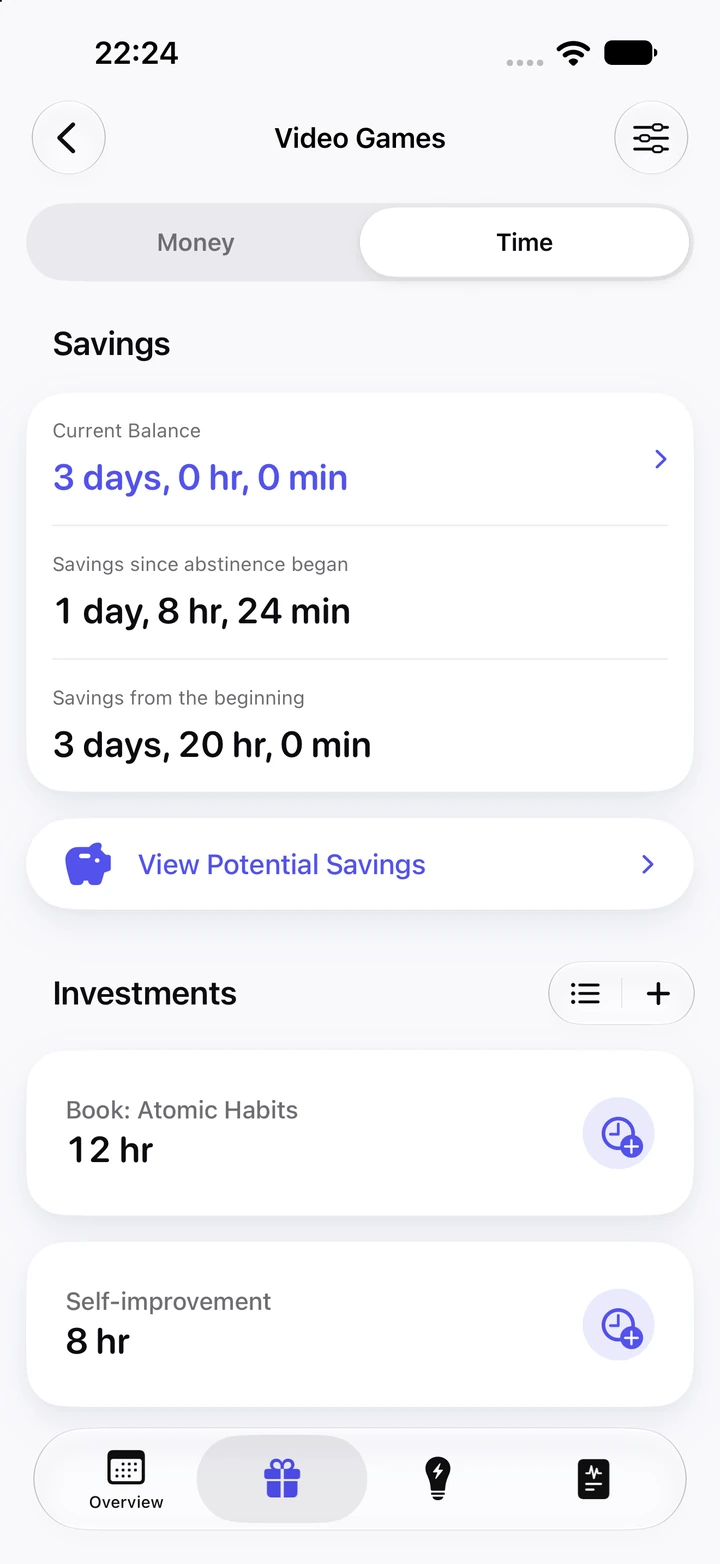 Time tab for Video Games: a current balance of 3 days, 1 day 8 hours 24 minutes saved since abstinence began, and 12 hours invested in a book and 8 hours in self-improvement